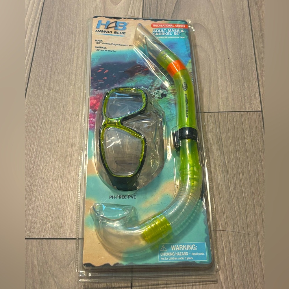 Hawaii Blue BNWT Adult Snorkel Set with Mask, Green, OS Adult.